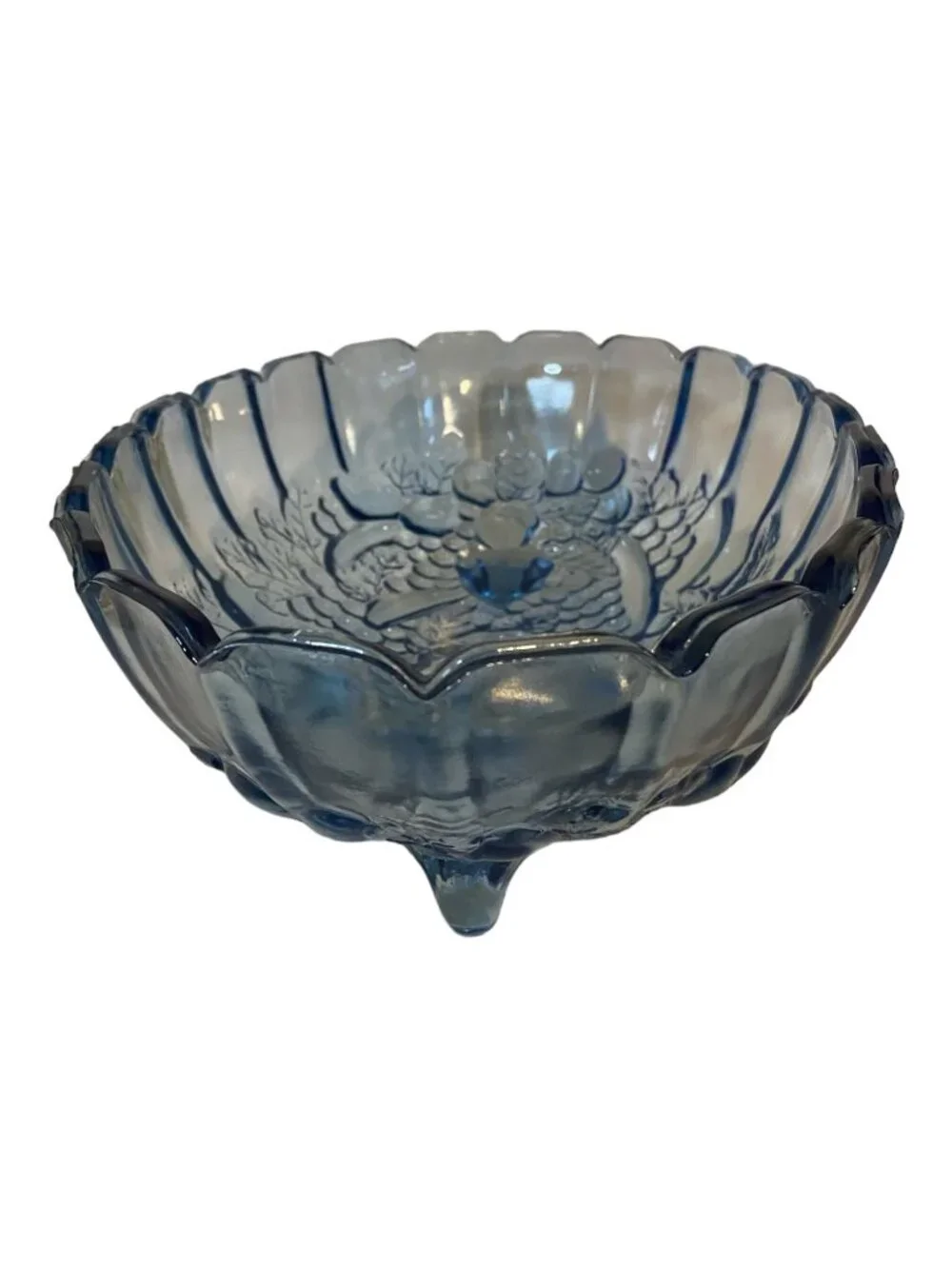 Vintage Indiana Glass Blue Harvest Grape Footed Oval Fruit Bowl Cottagecore MCM
